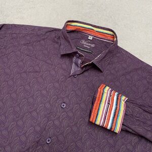 Visconti Shirt Mens XL Purple Paisley Print‎ Flip Cuff Mercerized Cotton Casual